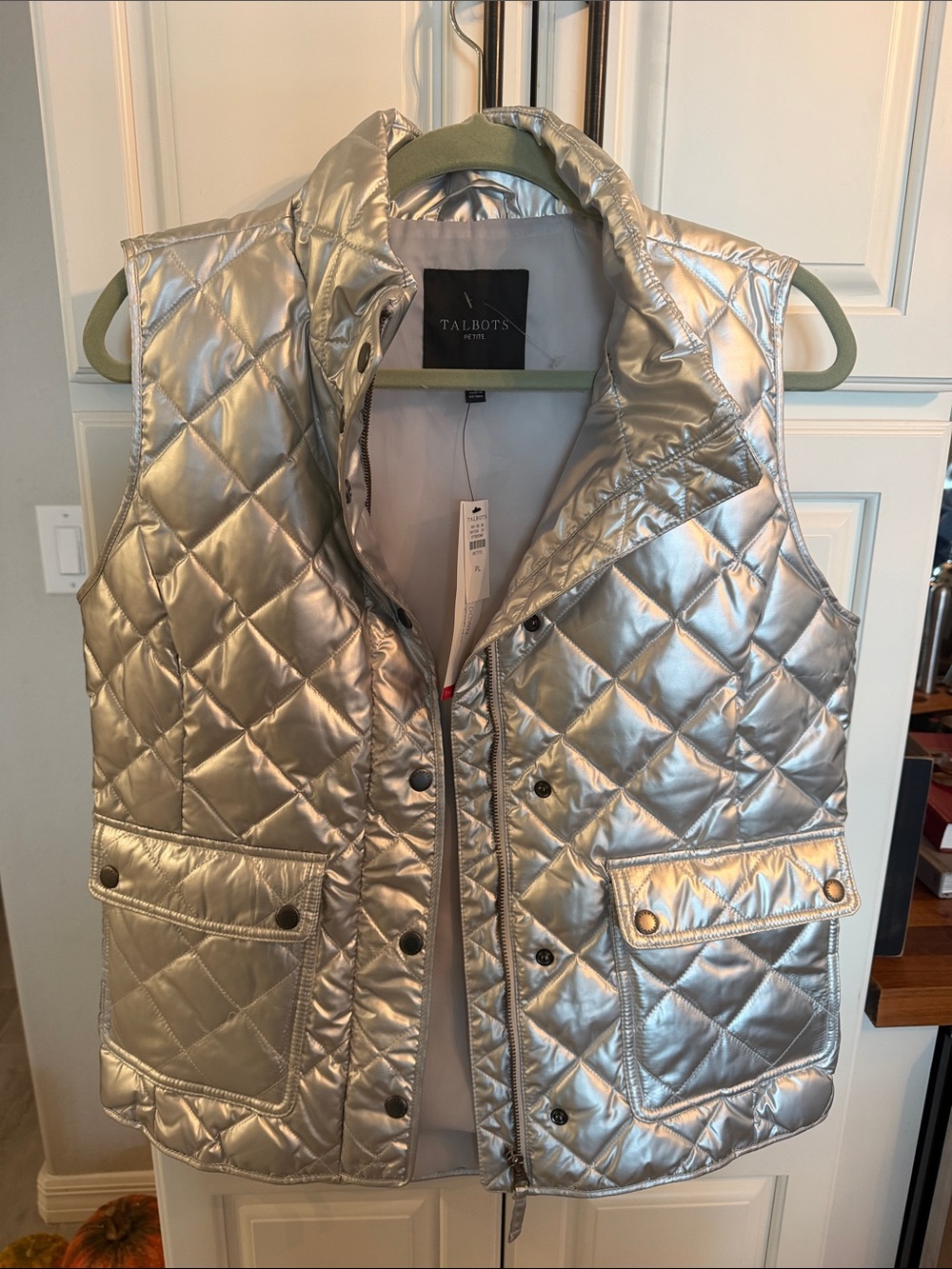 Talbots Metallic Quilted Silver Puffer Vest petite L BNWT